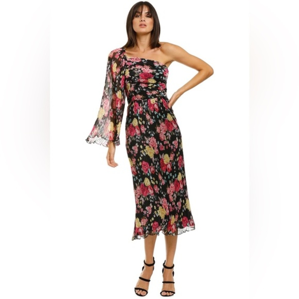 REVOLVE Black Pink Floral Asymmetrical One shoulder Midi Dress